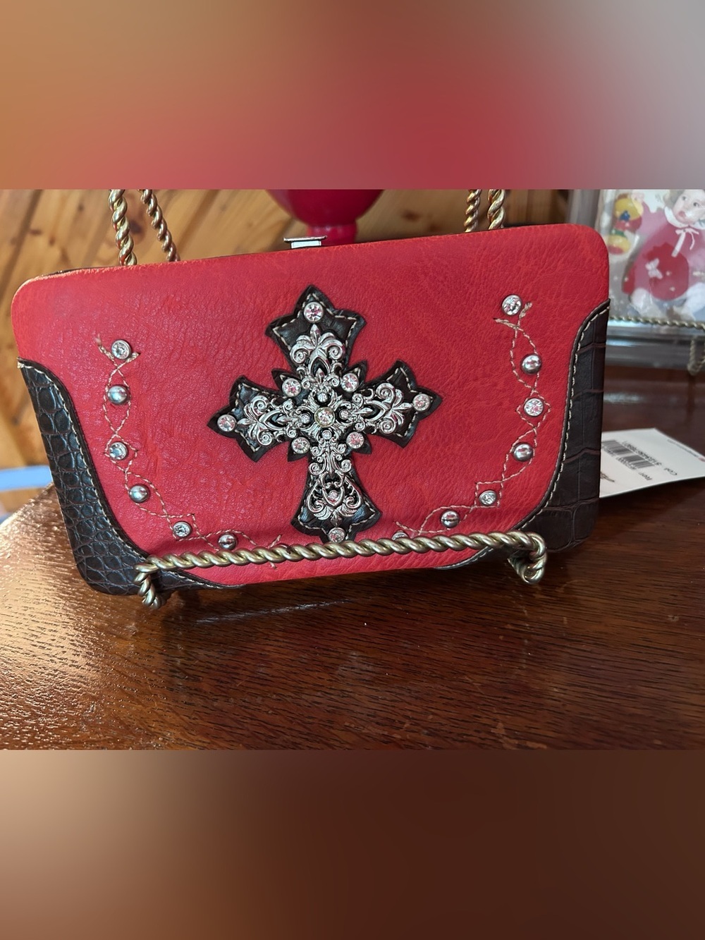 NWT Heritage West Western Rhinestone Cross Wallet Red BrownCroc Embossed Bling - Picture 3 of 15